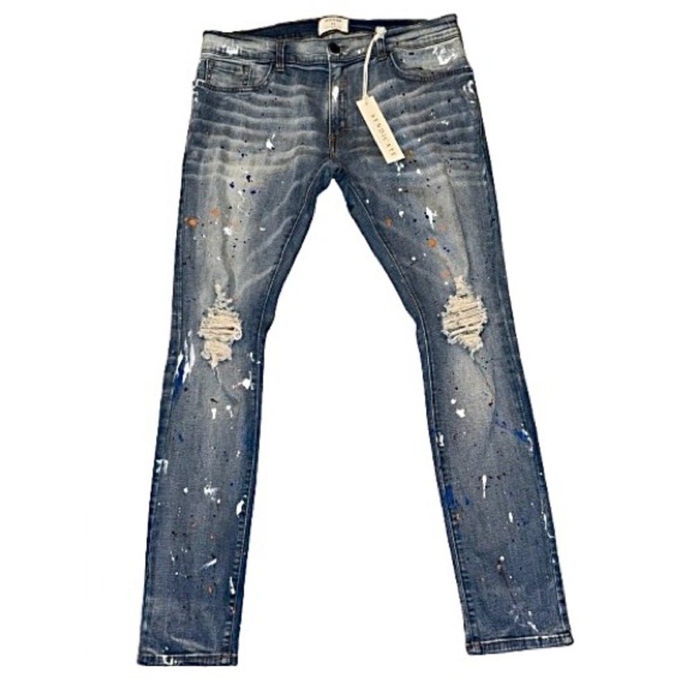 SYNDICATE *NWT* Ruiz Paint Splatter Distressed Slim Stretch Jeans | Men's Sz 32